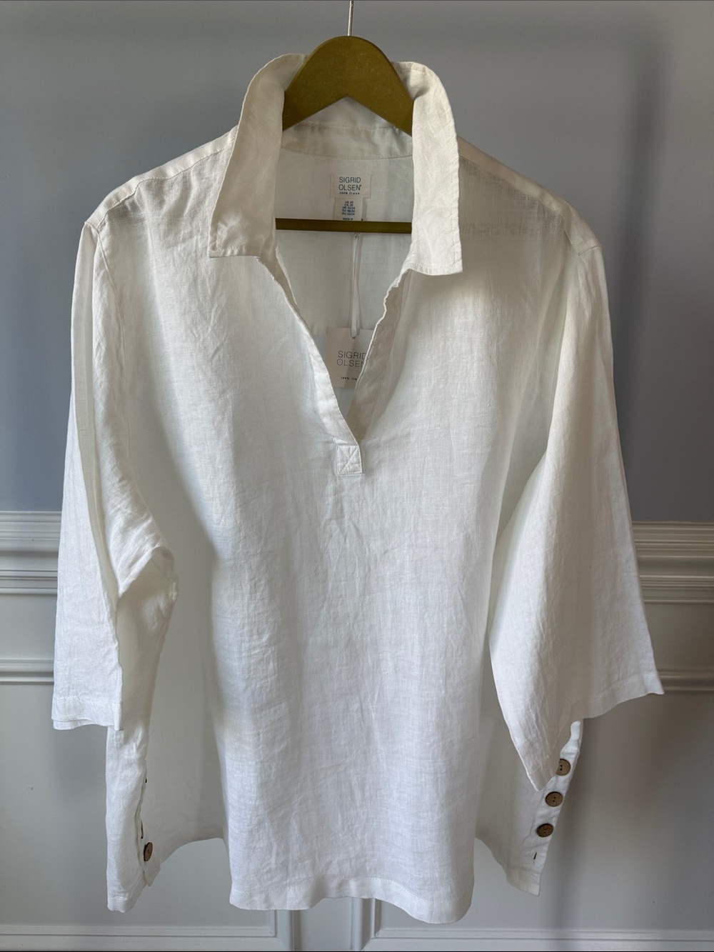 NWT Sigrid Olsen White 100% Linen Button-Sides Popover Shirt 2X NEW